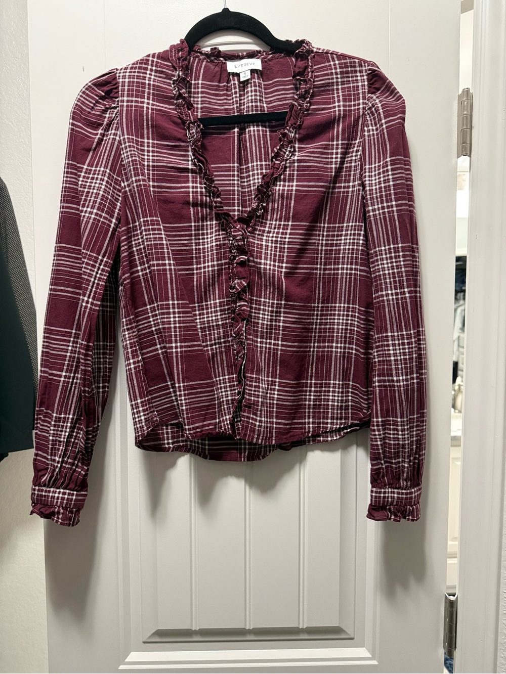 Evereve Ruffle-Trim Plaid Blouse in Burgundy and White